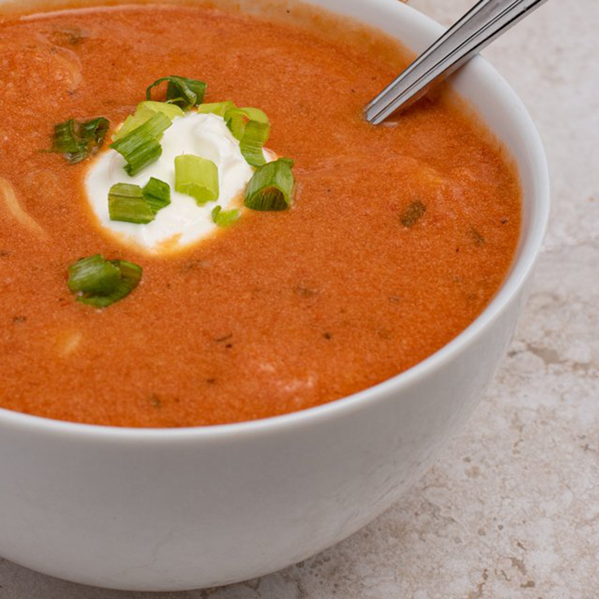  Bowl of tomato soup with sourcream and green onions. food and beverage photography 