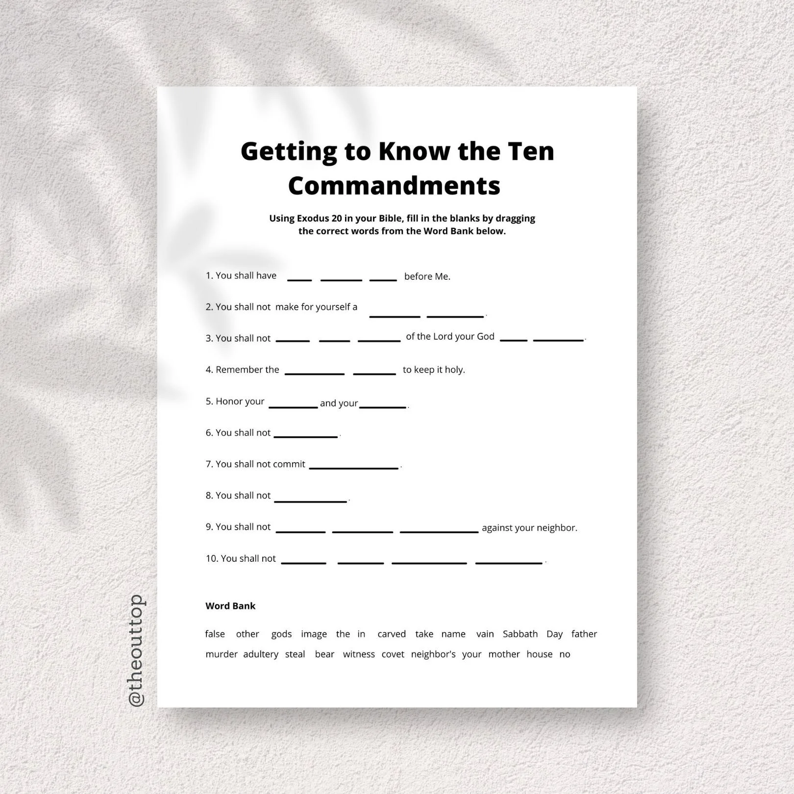 The Ten Commandments Worksheet