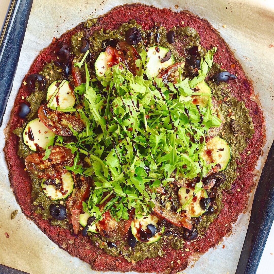 Cauli-Beet Crust, Kale Pesto &amp; Balsamic Glaze pizza
