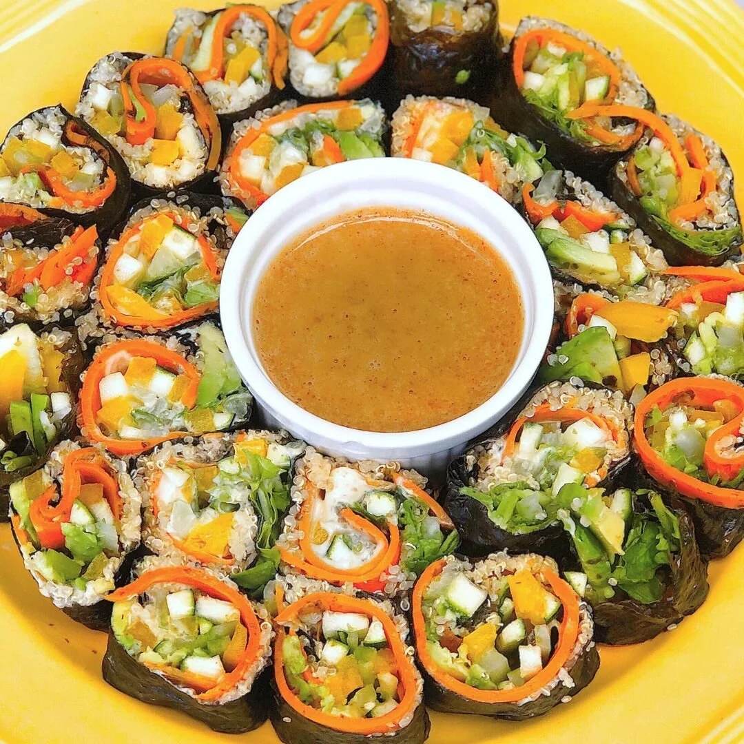 QUINOA SUSHI W/CARROT SALMON &amp; ALMOND BUTTER SAUCE 