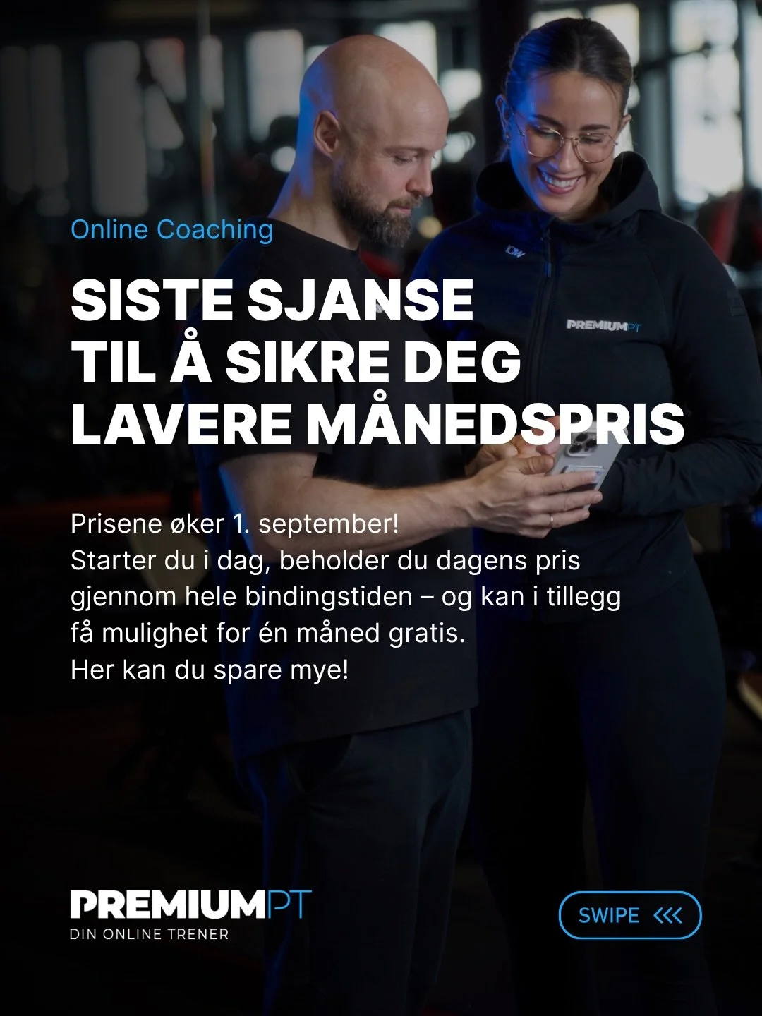 SIKRE DEG COACHING TIL LAVERE M&Aring;NEDSPRIS🚀 

I dag er nest siste dag nye kunder kan starte med online coaching hos Premium PT til lavere m&aring;nedspriser og spare en hel del per m&aring;ned! 

For fra 1. september justeres prisene. Starter du