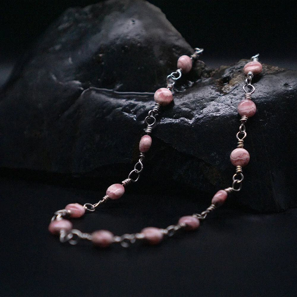 Woven Rhodochrosite and Sterling Silver Necklace