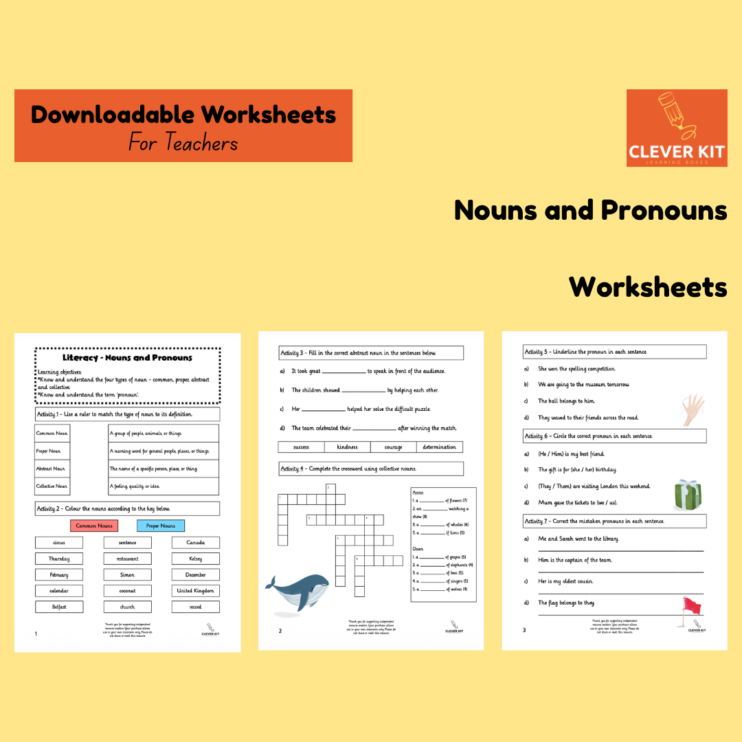 Nouns - Common, Proper, Abstract, Collective and Pronouns Worksheets