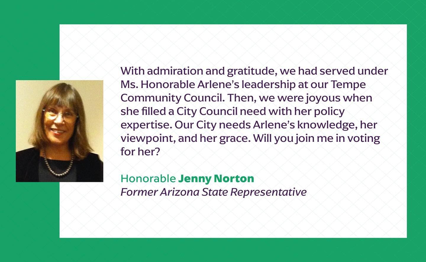 You are one of Tempe's greatest treasures and I'm so honored to have your gracious endorsement, Jenny. From the bottom of my heart - thank you!!

#WinWithChin✅✅✅

arlenefortempe.com 

#tempe #tempeaz #tempearizona #southtempe #downtowntempe #downtown