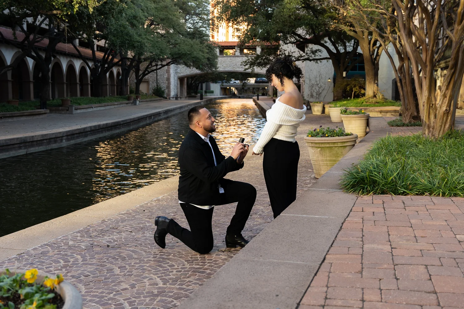 Surprise proposal at Mandalay Canals in Las Colinas, Texas
