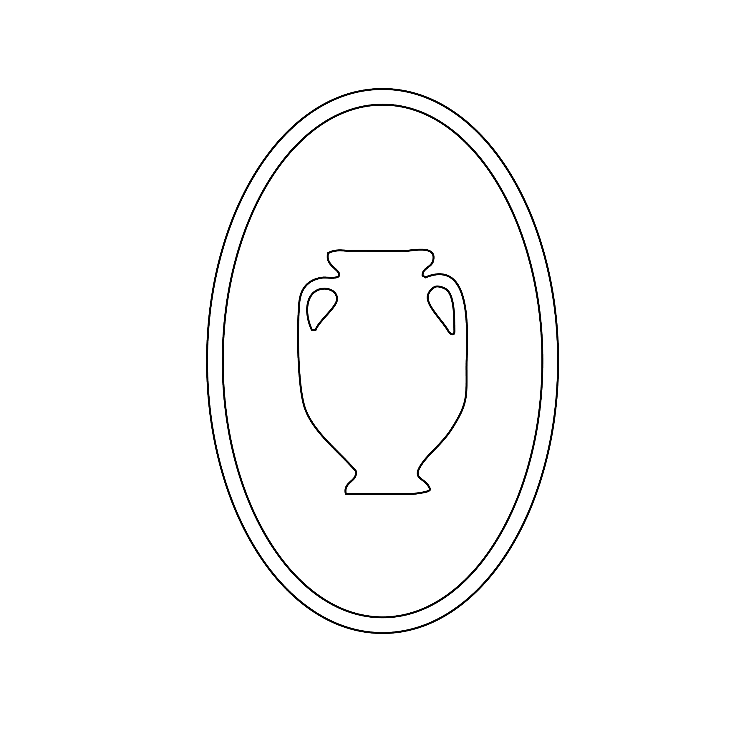Outline of a decorative oval frame with a stylized vase or urn in the center.
