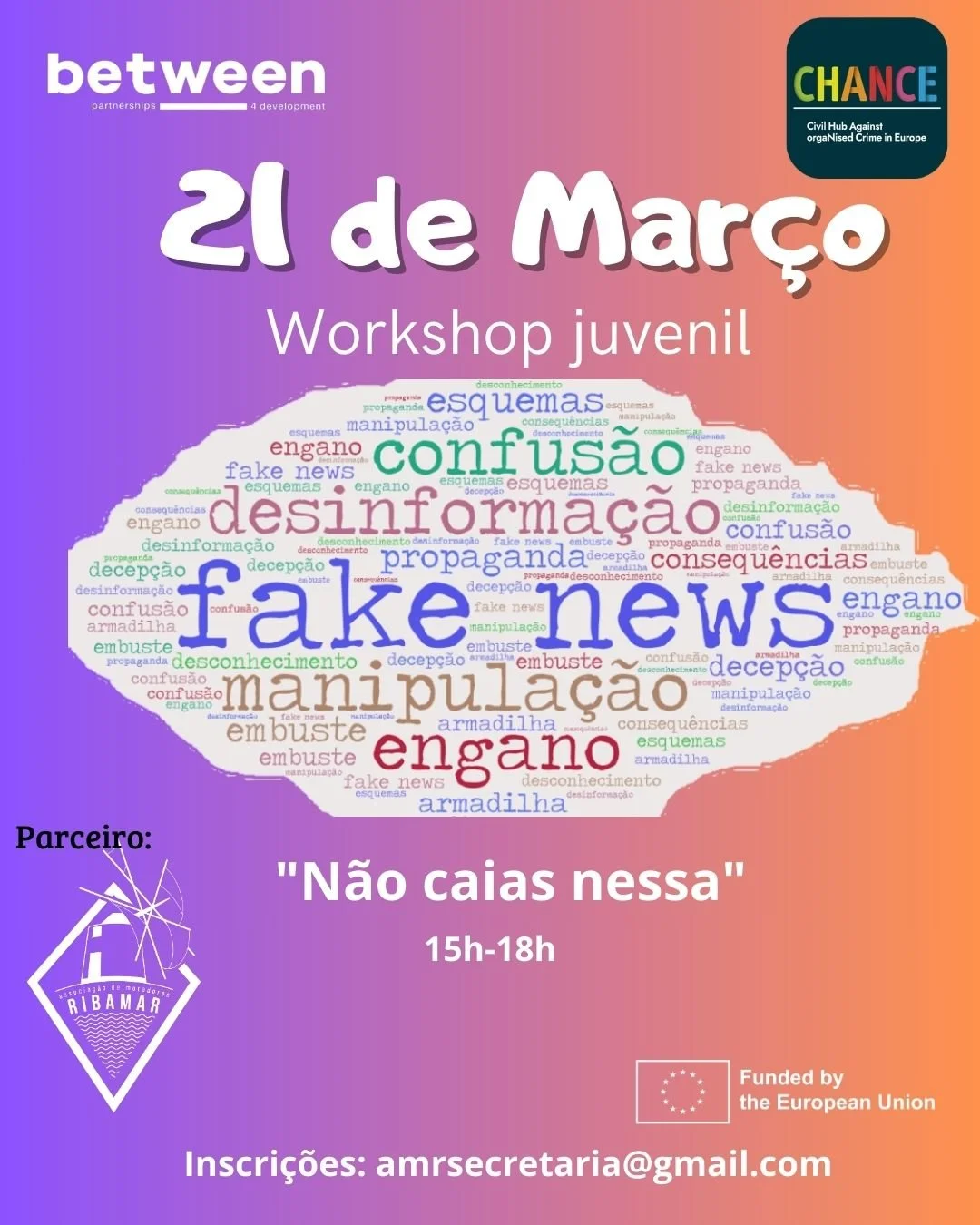 No dia 21 de mar&ccedil;o, das 15h &agrave;s 18h, na @associacaoderibamar, vamos falar sobre um tema que est&aacute; em todo o lado &mdash; mas que nem sempre sabemos identificar:
Fake News &ndash; N&atilde;o Caias Nessa
Um workshop din&acirc;mico, p
