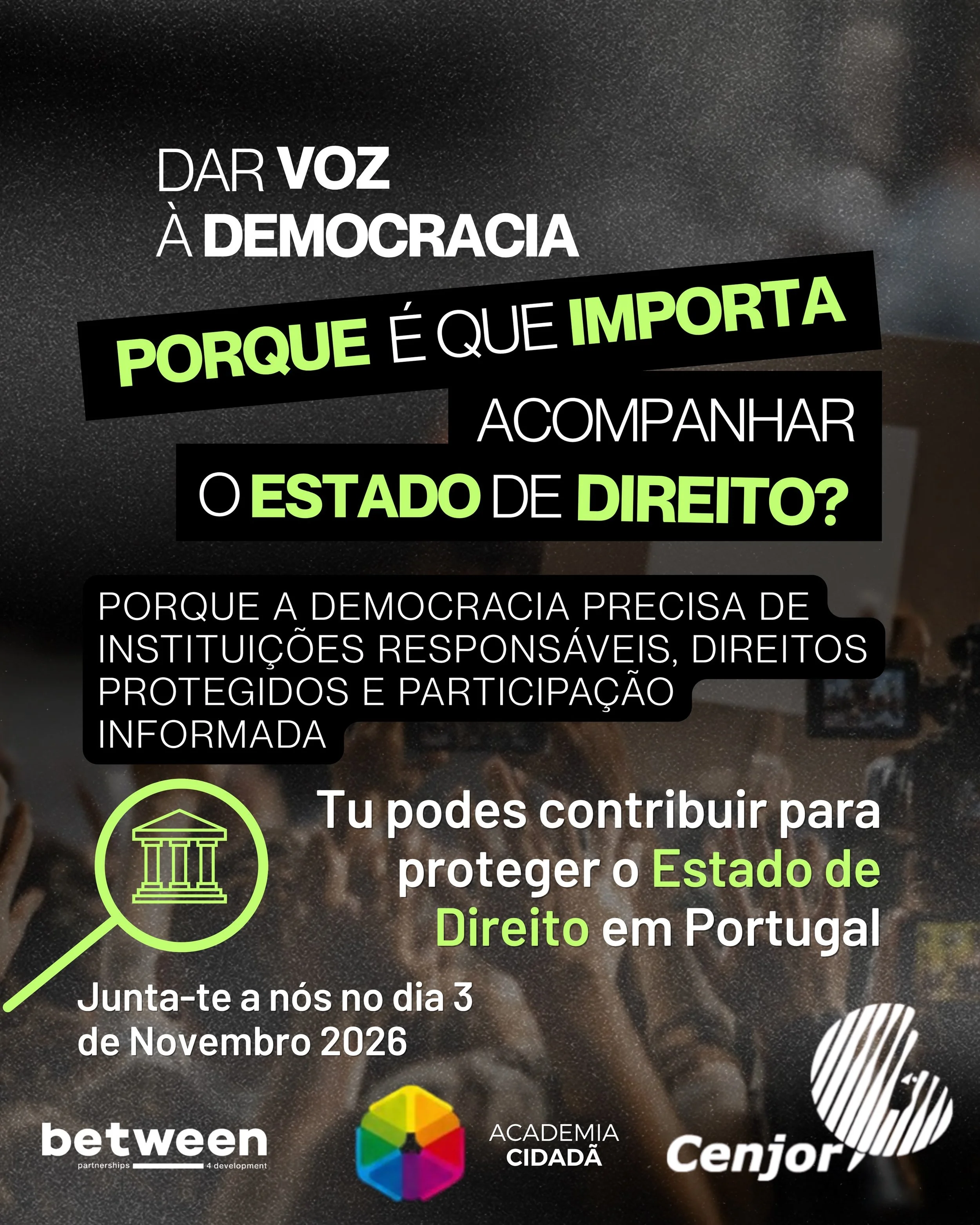 Porque &eacute; que o Estado de Direito importa?

Porque garante que os nossos direitos e liberdades s&atilde;o protegidos, que as institui&ccedil;&otilde;es p&uacute;blicas prestam contas e que todos somos tratados de forma igual perante a lei.

Mas