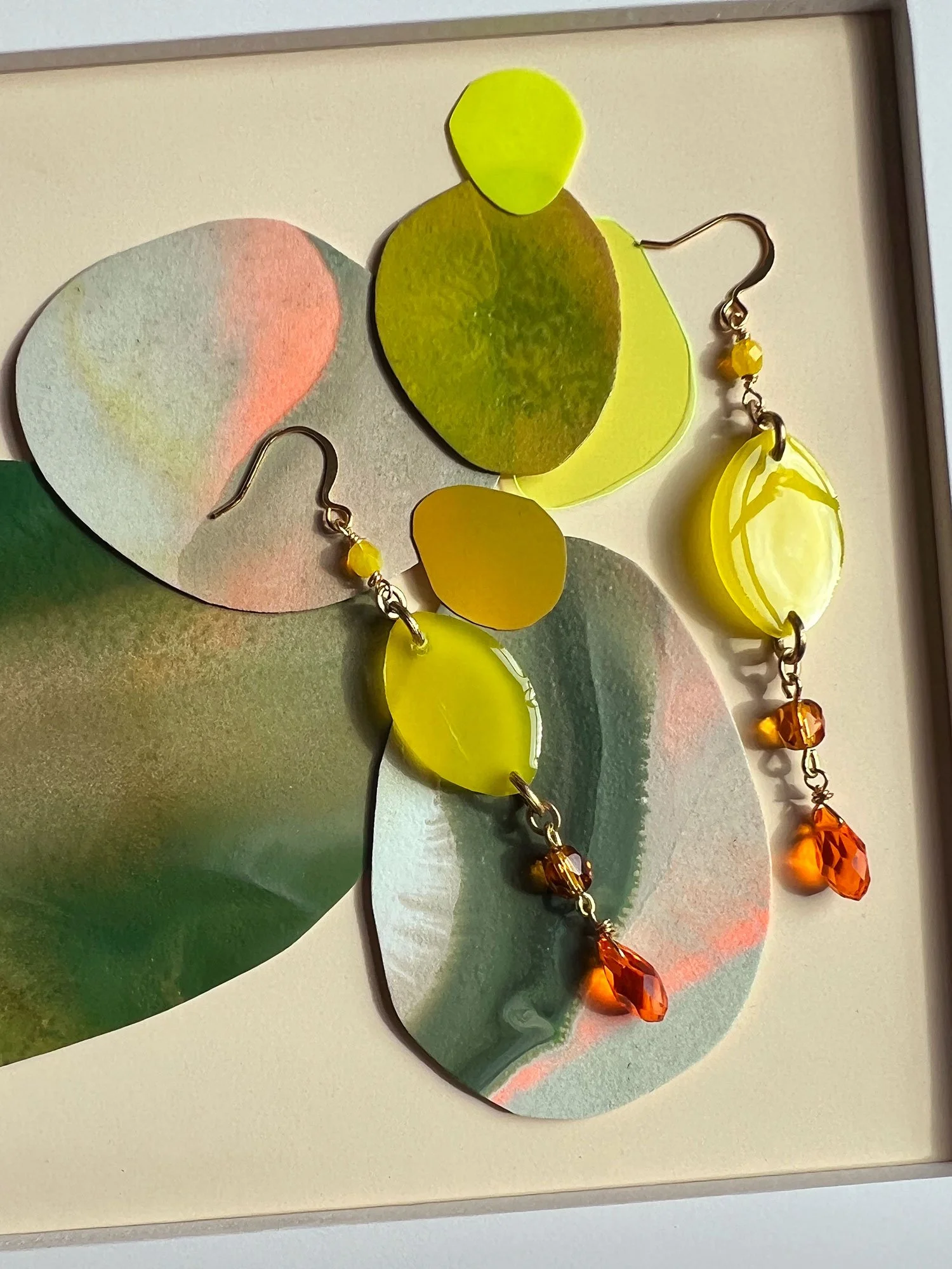 Lemon Drop Earrings with crystal beads on Rhia Hurt original art.