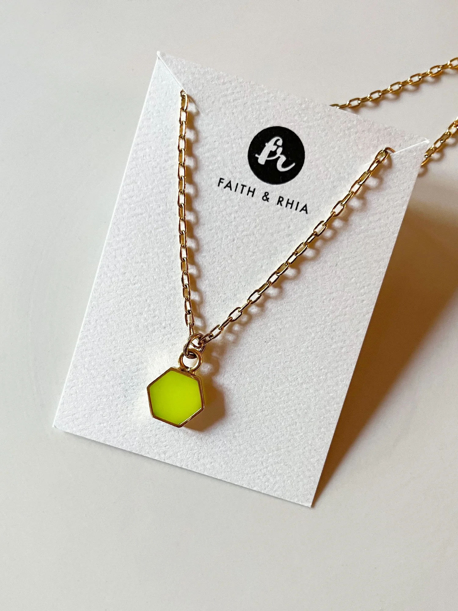 Everyday Hexagon Necklace with Cable Chain on a Faith and Rhia Jewelry card