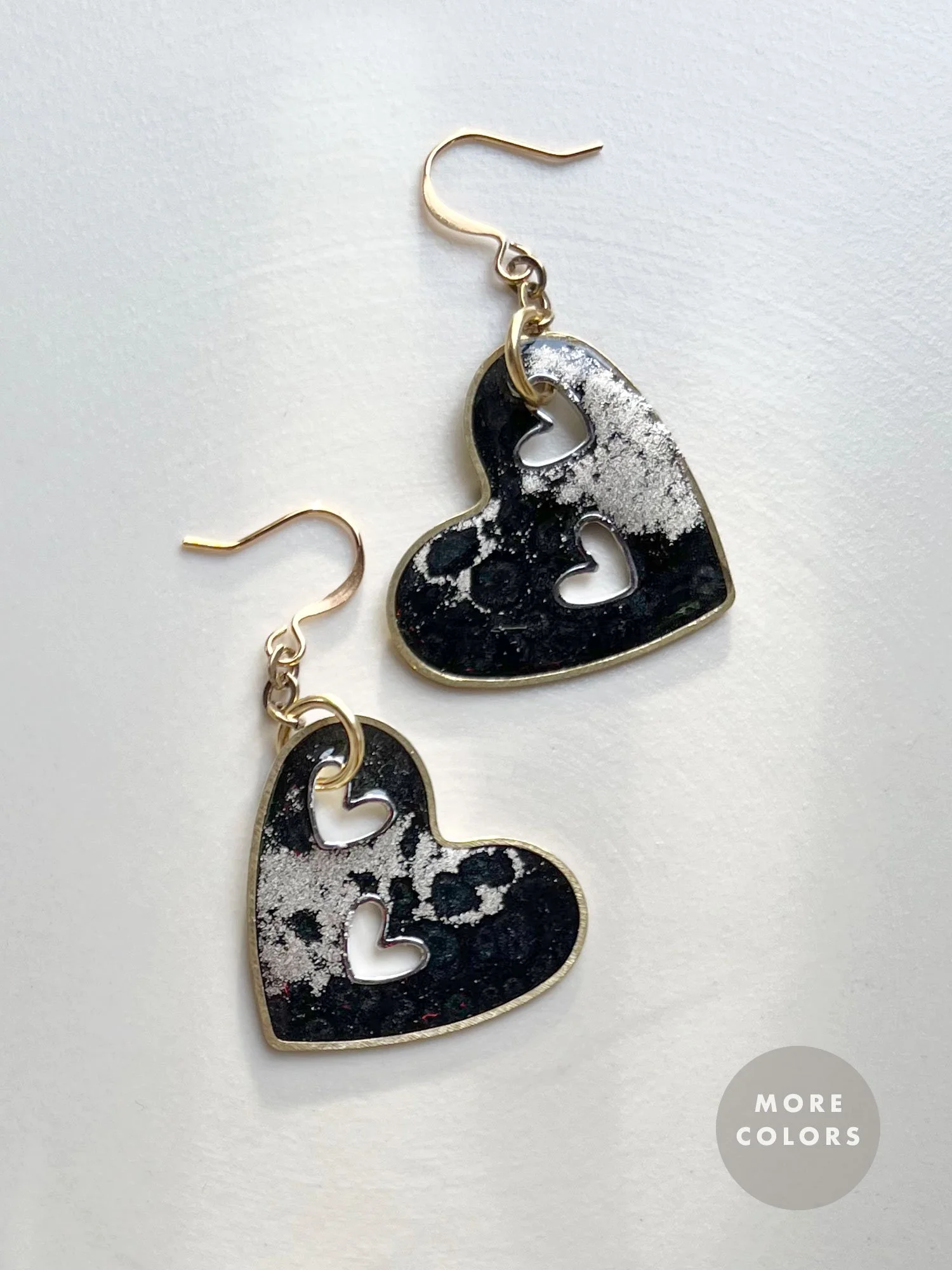 Large black heart earrings with gold dust