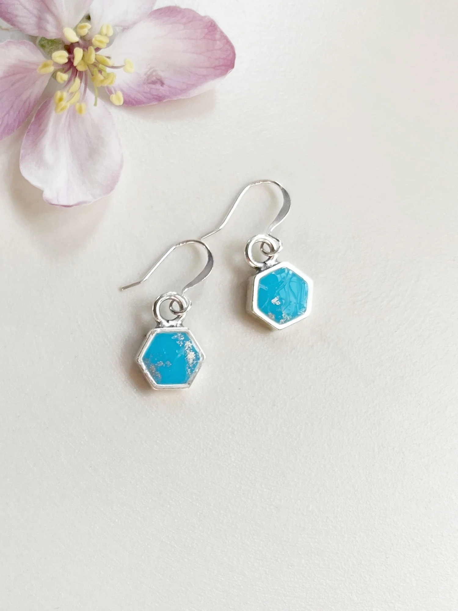 Little Hexagon Earrings in Sky Blue and Silver