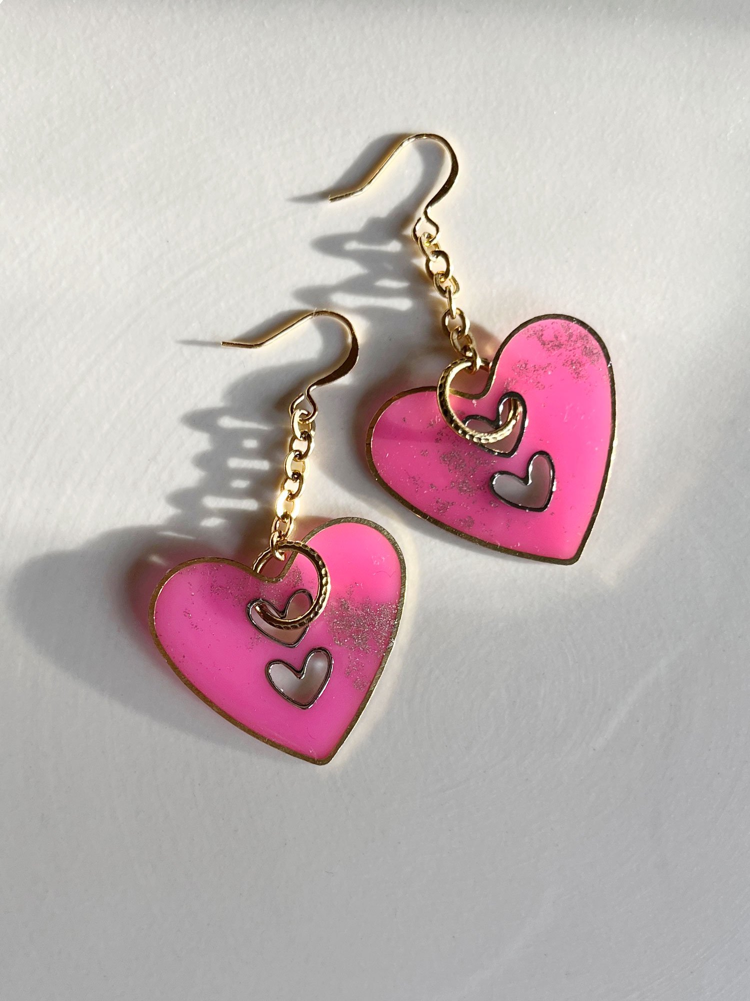 Large pink heart earrings with mini hearts