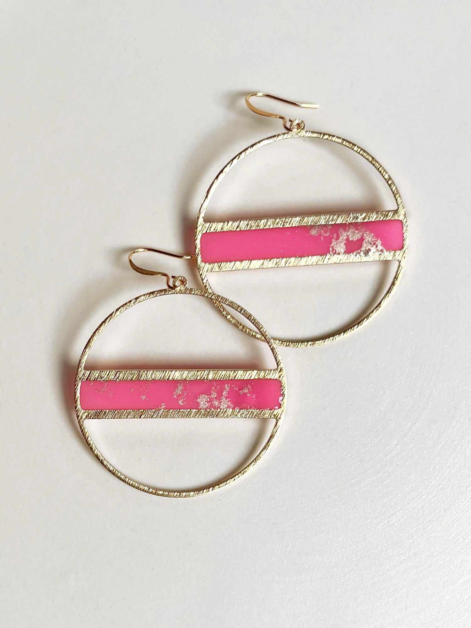 Satellite Hoops brass and resin earrings in flamingo pink
