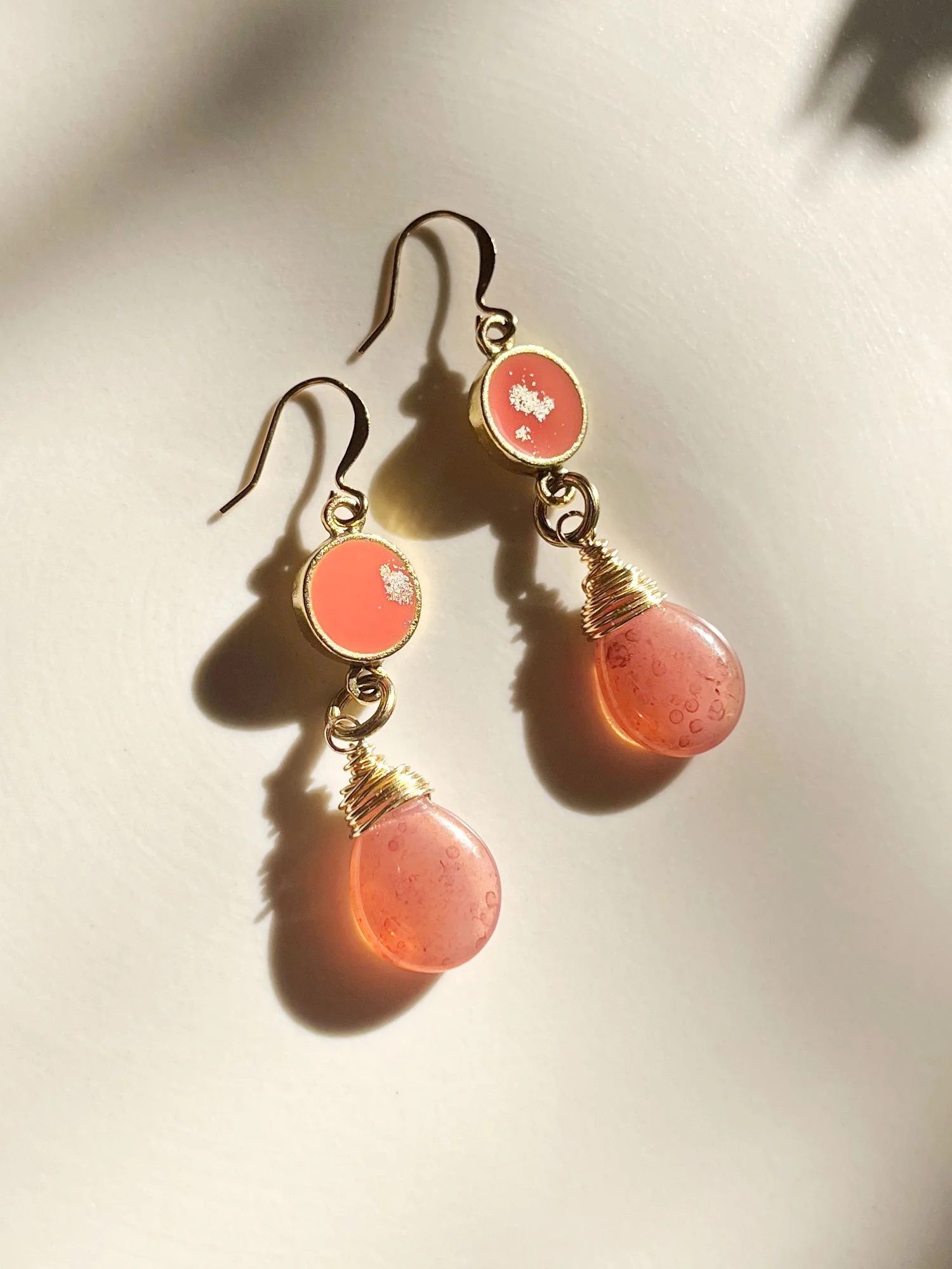 Coral peach gold, resin, and czech glass earrings