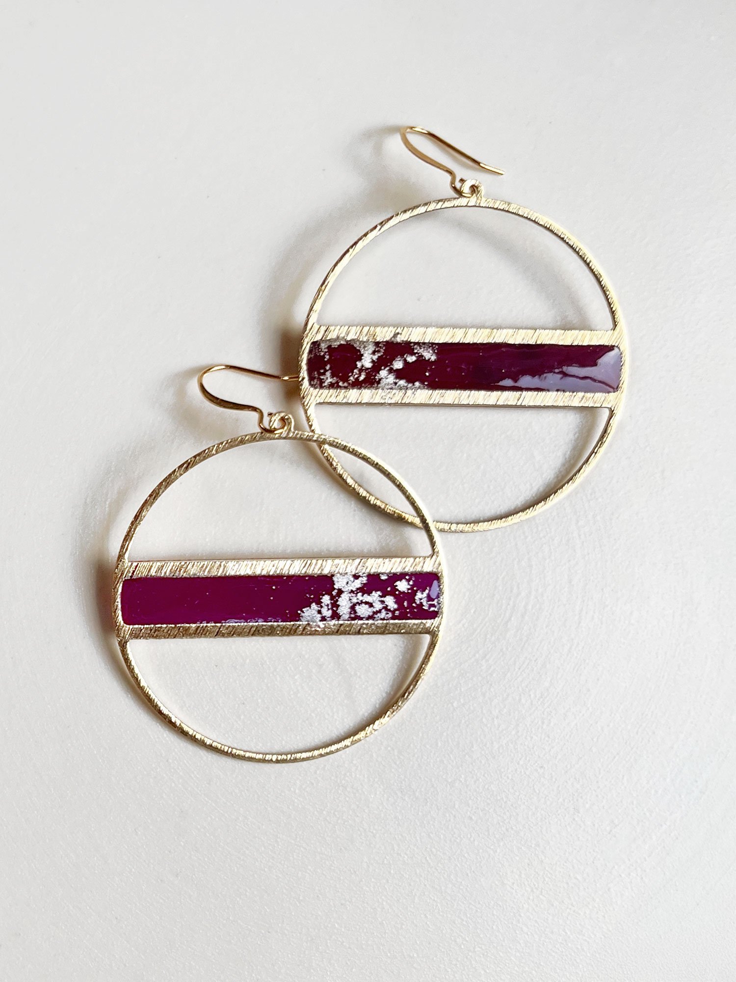 Satellite Hoops brass and resin earrings in dark purple