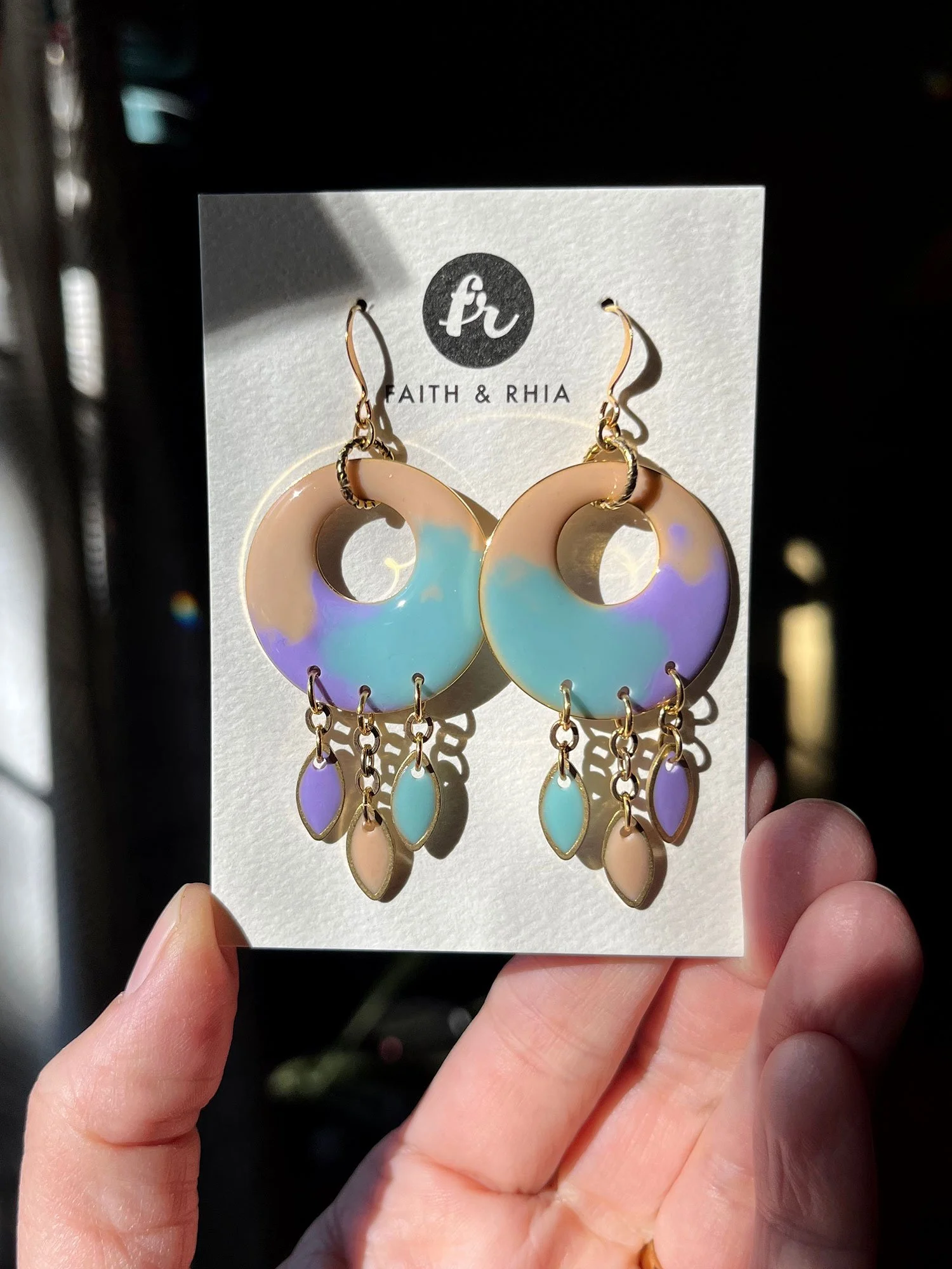 Olympia earrings in pastel colors on a Faith and Rhia Jewelry card