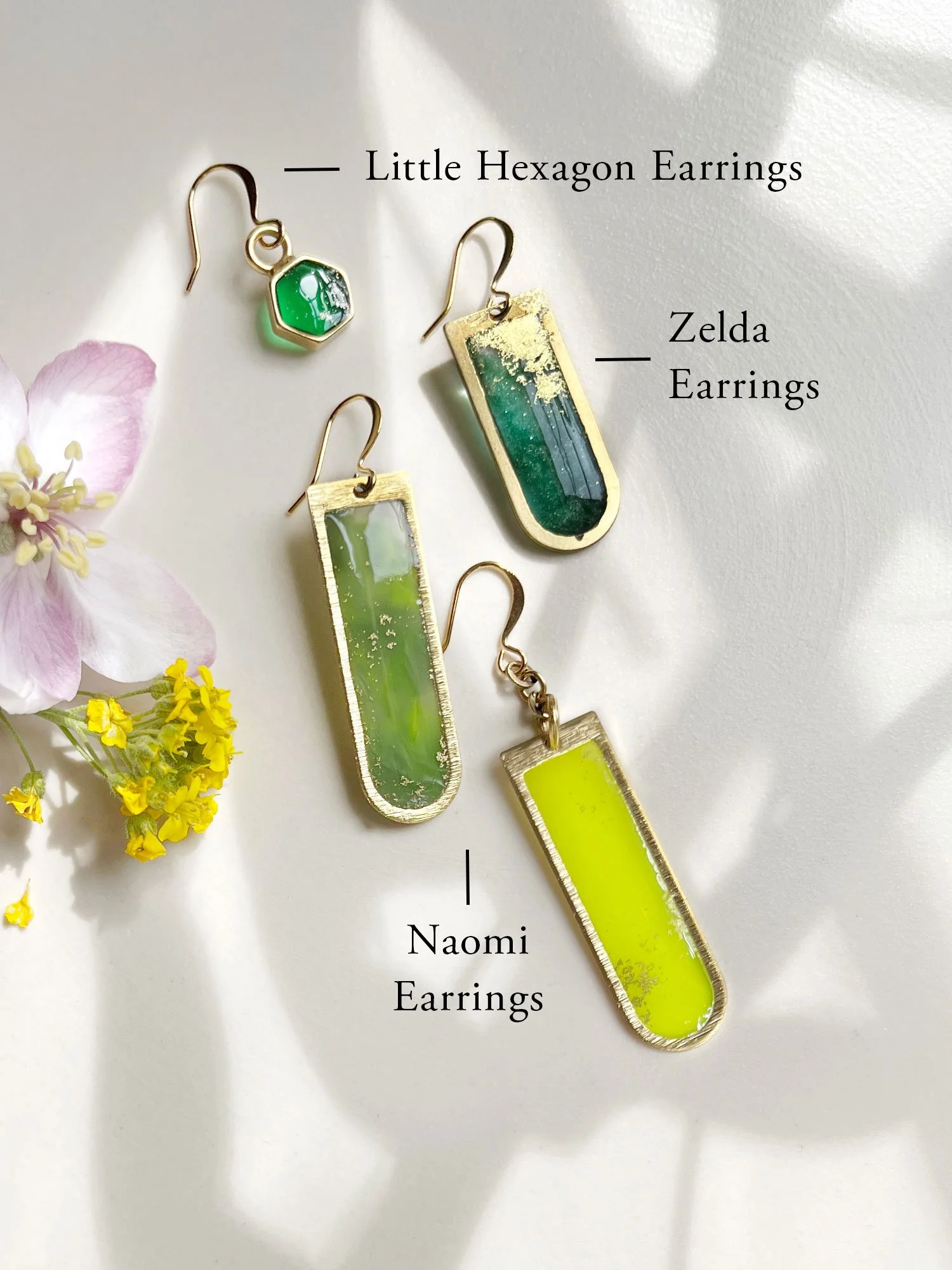 Diagram showing Little Hexagon, Zelda, and Naomi Earrings in greens