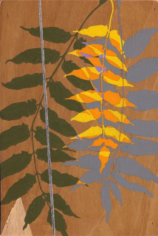 TREE OF HEAVEN, 2023, acrylic + silver leaf on panel, 9 x 6"