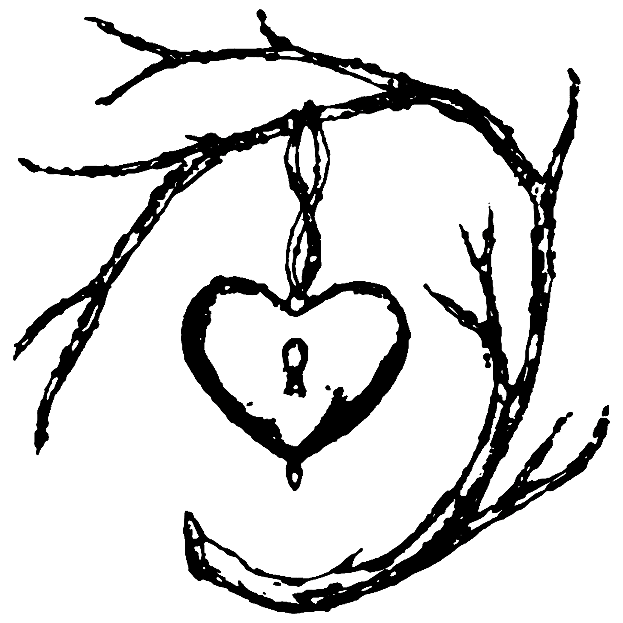 A heart-shaped lock hangs by a thin ribbon from a leafless branch