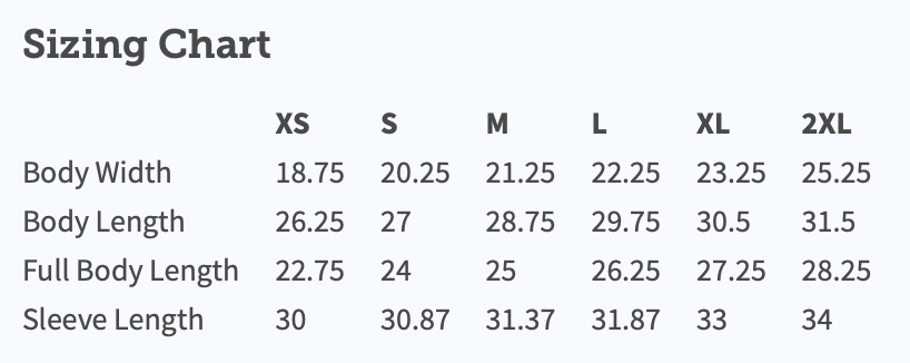Sweatshirt Sizing Chart (size up if you want it roomy)