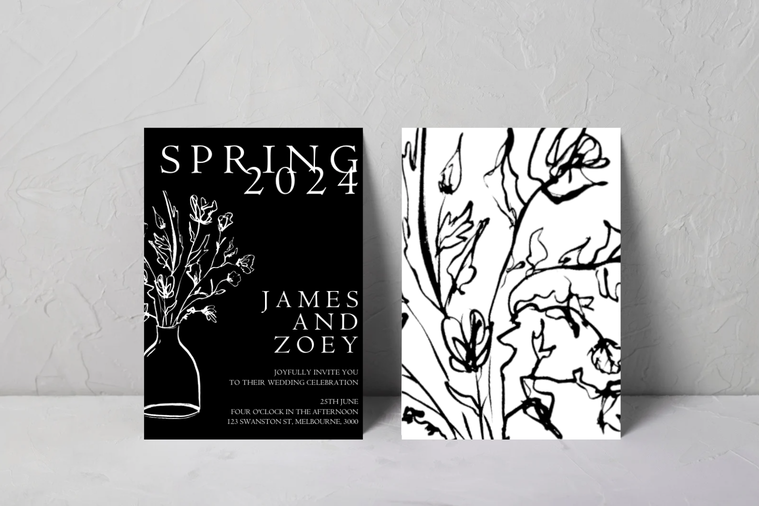 Black and white wedding invitation with floral illustration and text for James and Zoey's wedding on June 25th, 2024, at 123 Swanston Street, Melbourne.