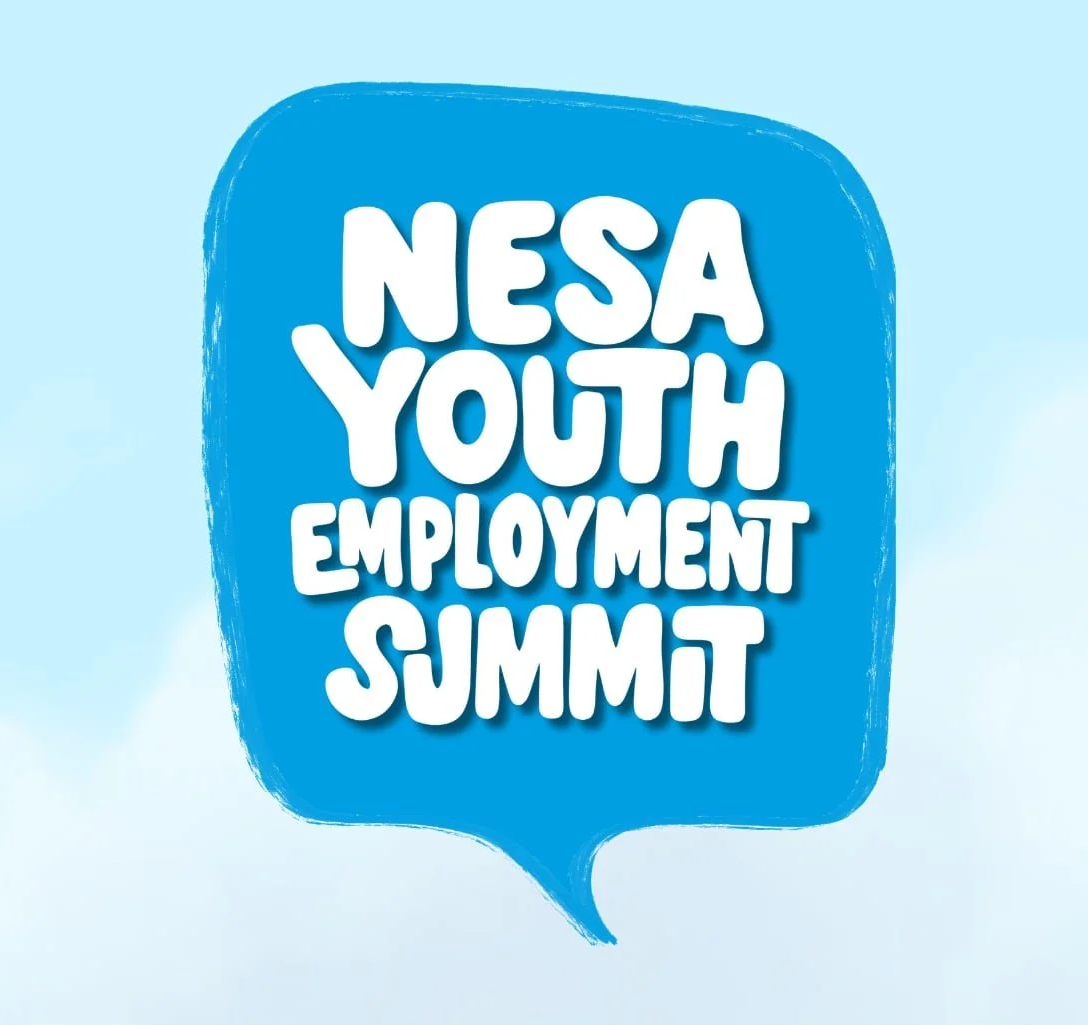 Blue speech bubble with white text that says 'NESA Youth Employment Summit'