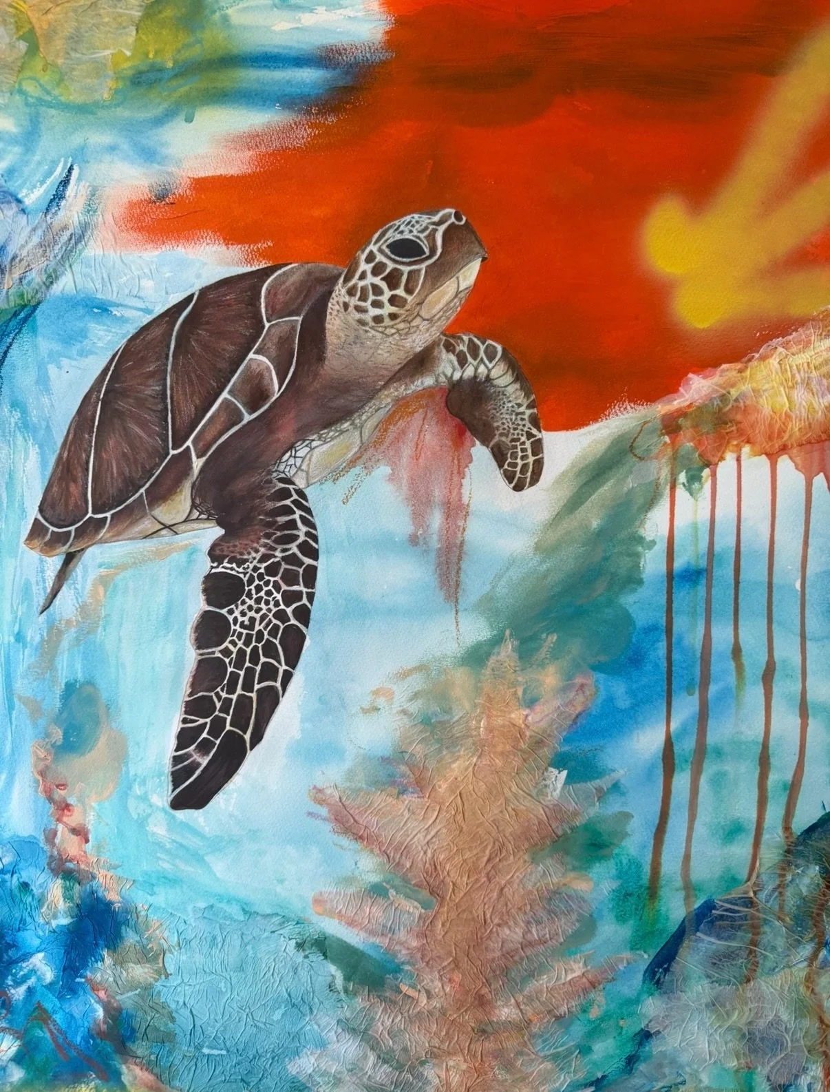 A little throwback to this mixed media piece that sadly never got finished!

Spray paint, watercolour, oil pastels, textured materials&hellip; you name it, I was throwing it on there.

I was only halfway through when it got destroyed during a house m