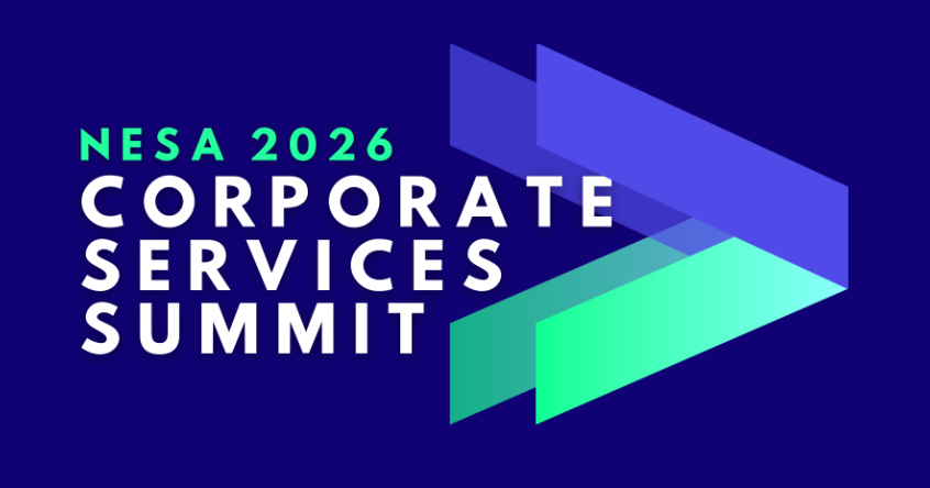 Logo for NESAs 2026 Corporate Services Summit with geometric shapes and dark blue background.
