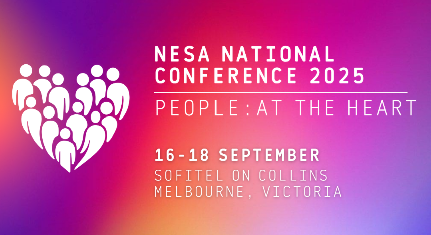 Conference flyer for NESA National Conference 2025, featuring a heart-shaped graphic made of white human figures, with details on the event dates, location, and theme.