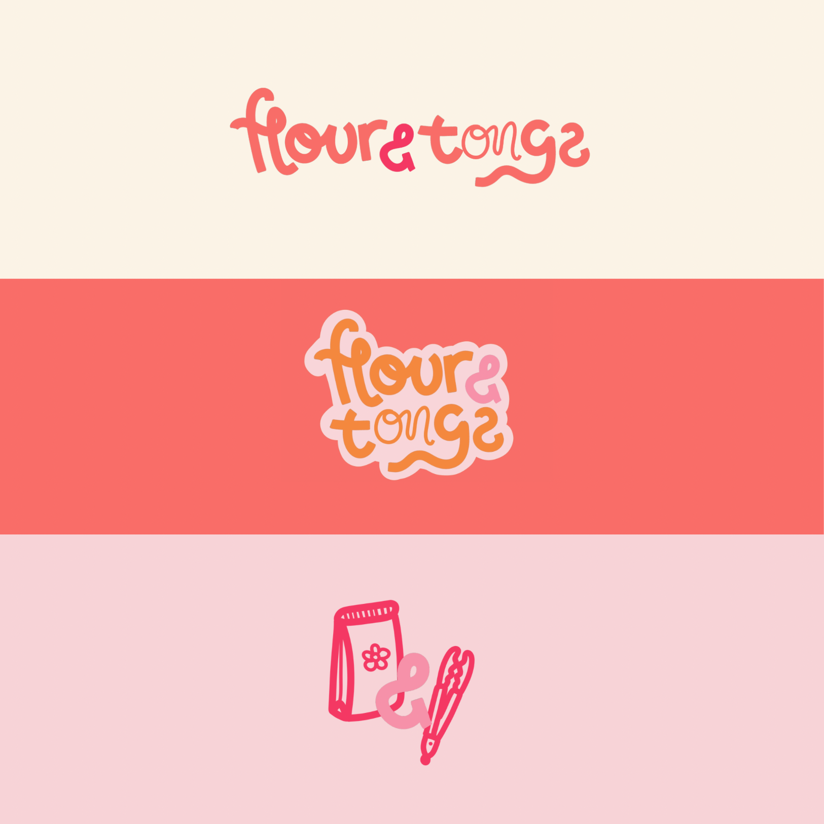 Colorful graphic designs with the words "Fourteen" and "Forte", with illustrations of a drink, a notebook, and a pen.