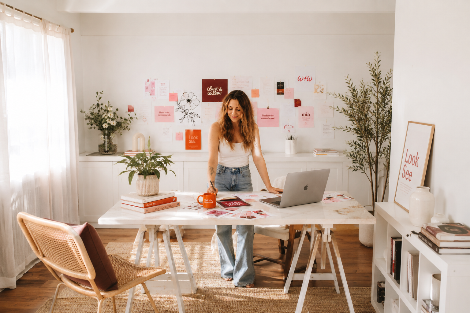 A woman standing at a white desk in a bright, decorated room with plants and pink artwork on the wall, working on her laptop.