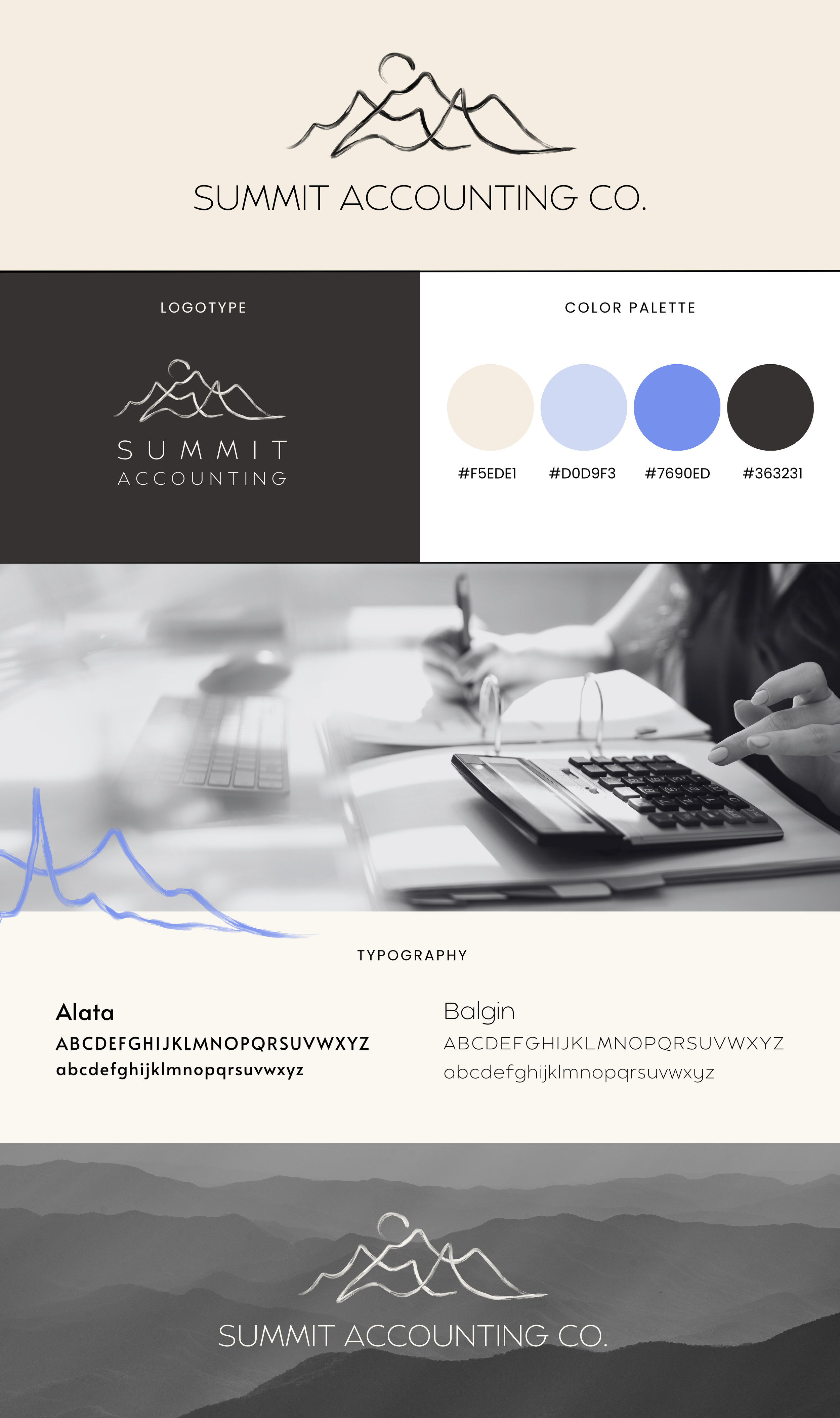 A branding presentation for Summit Accounting Co. featuring a mountain logo, color palette with neutral and blue shades, logo and typography details with the fonts Alata and Balgin, and a black and white office scene with a calculator and a person wr