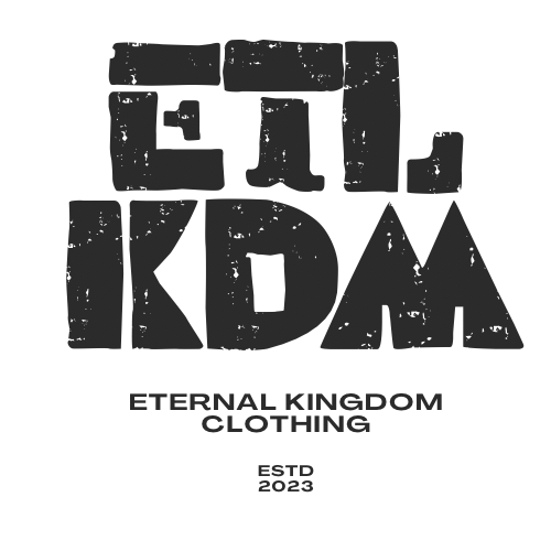 Logo for EternaL Kingdom Clothing featuring bold black text that reads 'ETERNAL KINGDOM' and 'CLOTHING' underneath, with the abbreviation 'ESTD 2023' at the bottom.