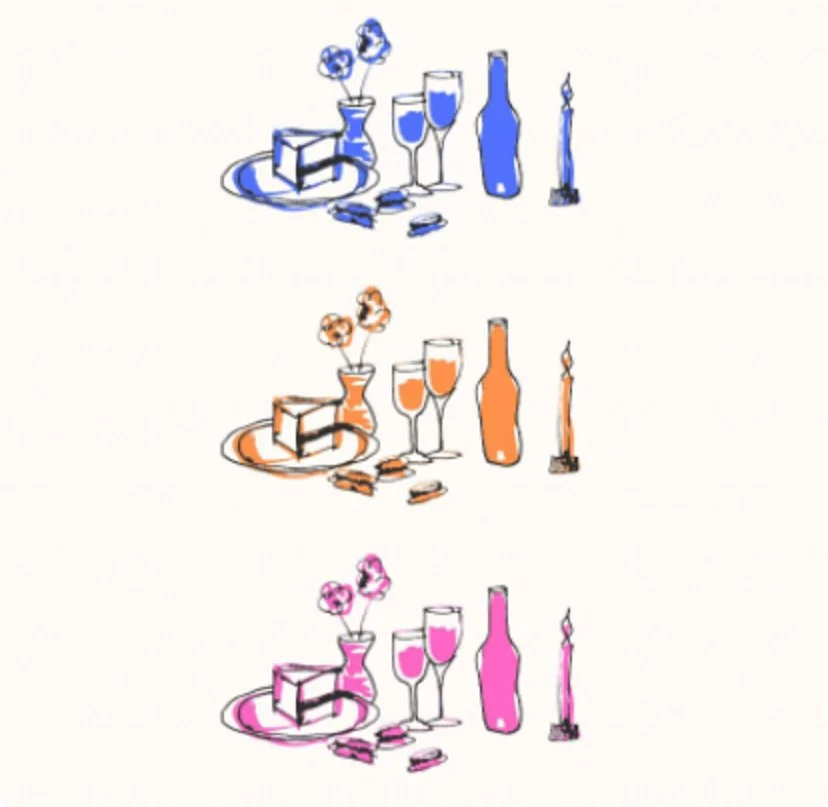 Colorful hand-drawn illustration of a table setting with flowers, glasses, bottles, and candles in blue, orange, and pink.