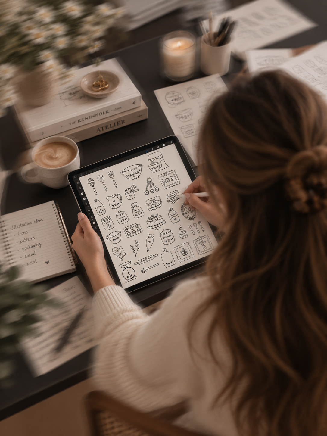 A woman sitting at a table using a tablet to create journal illustrations of kitchen items, with books, paper sketches, coffee, candle, and art supplies on the table.