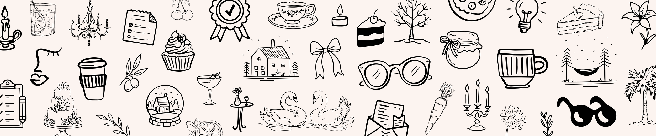 Collection of black-and-white line drawings of various objects including a candle, chandelier, checklist, cherries, badge, teacup, candle, cake, house, bow, glasses, coffee cup, trees, moon, jar, hammock, and swans.