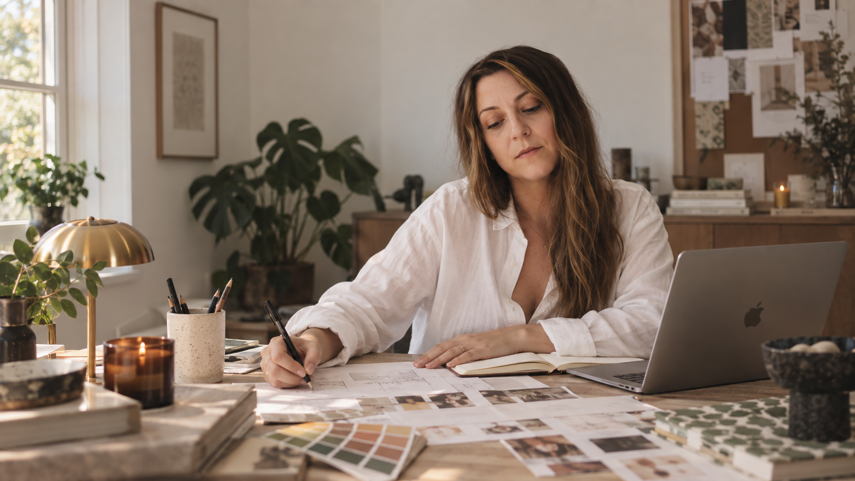 Woman working at a desk with a laptop, plants, candles, and design materials in a well-lit room.