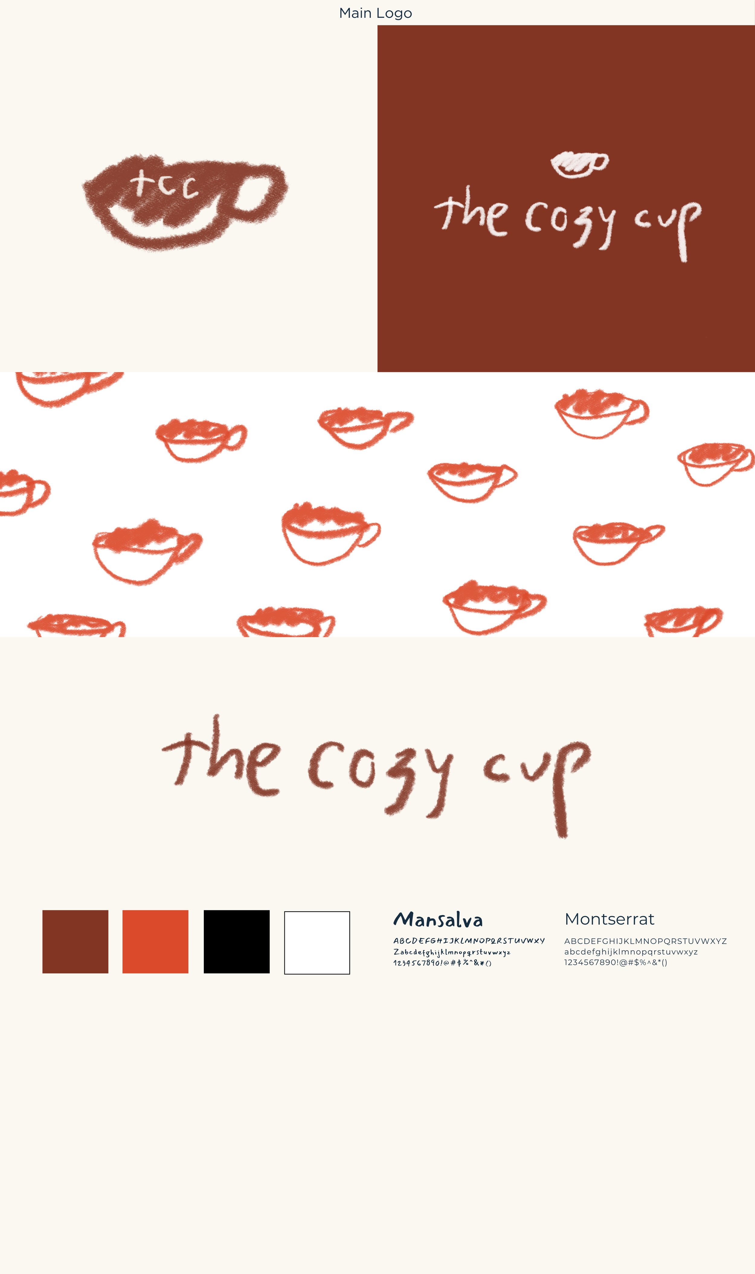 Design sketch featuring a smiling coffee cup illustration and the handwritten phrase "the cozy cup" on a brown background, with repeated small coffee cup sketches in the lower part and color swatches of brown, orange, black, and white.