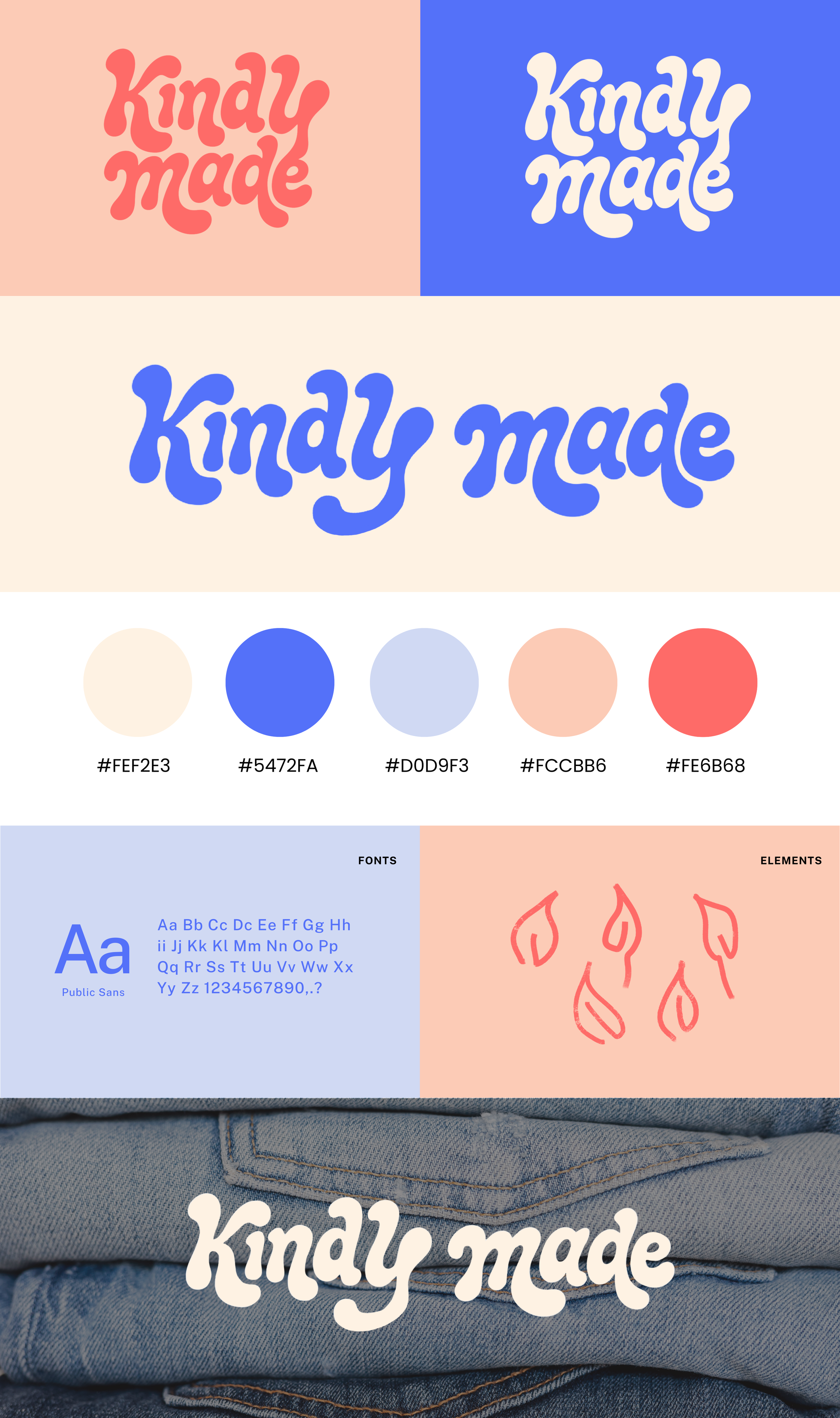 Brand identity design sample with the phrase "kindly made" in three different styles and colors, along with font details, color palette, and related design elements such as flames and fabric textures.
