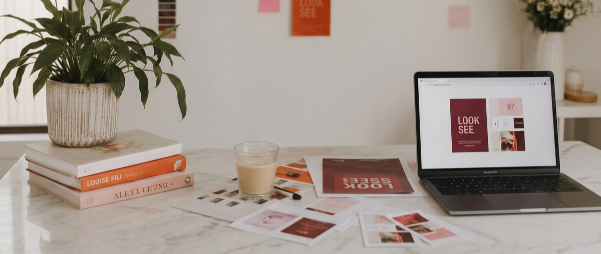 A workspace with a marble desk holding a laptop, a glass of iced coffee, a stack of books, printed papers, and photographs. Behind the desk are plants and a white wall with posters.