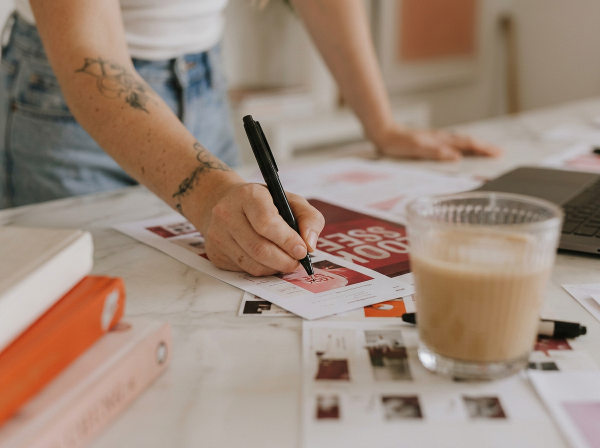 Person with tattoos on arm standing at table, writing with a black marker on flyers or posters, with a glass of coffee, a closed laptop, and books on the table.