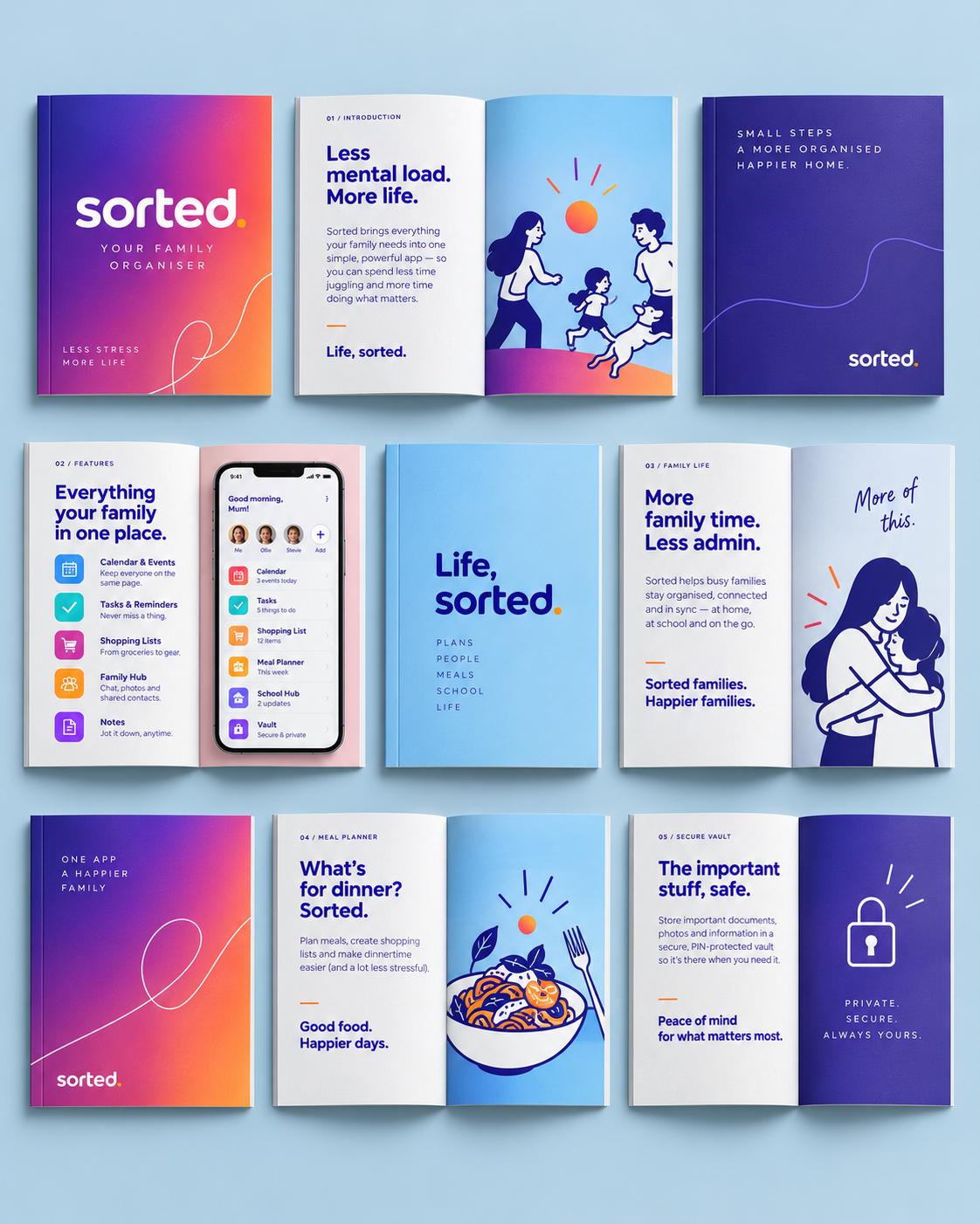 Open brochure and booklets for 'Sorted' family organizer app, showing colorful pages with features like reducing mental load, family time, meal planning, and secure vault.
