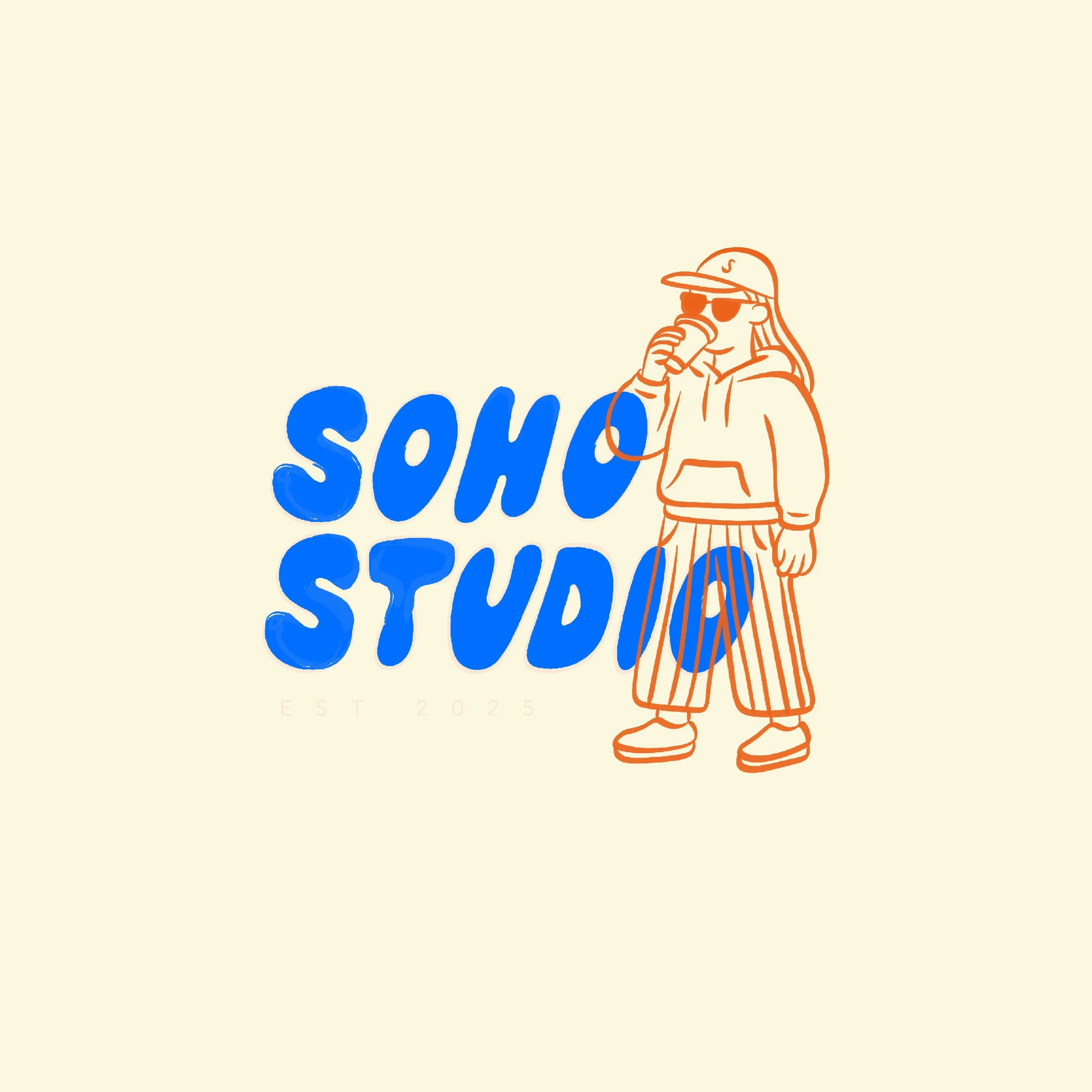 A beige background with blue text that reads 'Soda' and an orange outline of a person wearing a cap, sunglasses, and striped pants, holding a drink to their mouth.