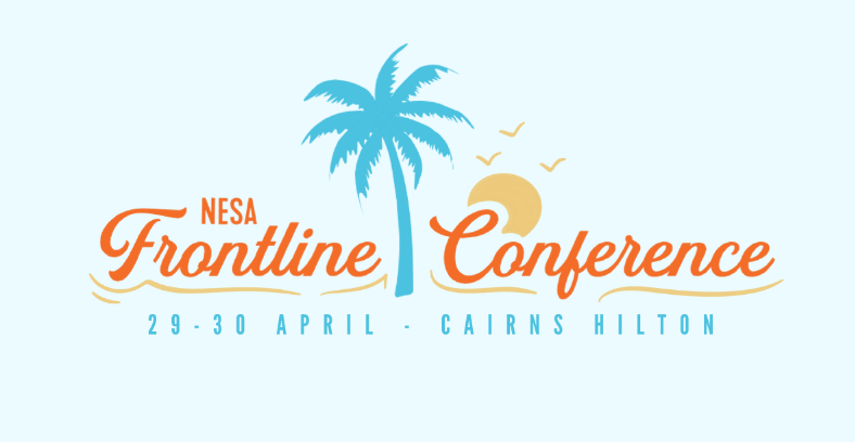 Event poster for the NESA Frontline Conference held on April 29-30 at Cairns Hilton, featuring a palm tree, birds, and a setting sun or moon in a tropical theme.