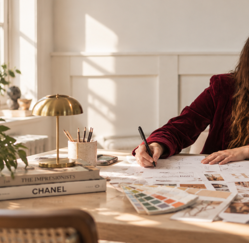 A woman working at a desk with design sketches, color swatches, and books, in a well-lit, cozy room.