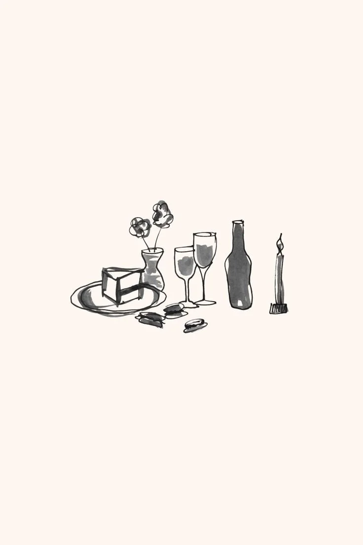 A minimalist black and white line drawing of a still life with a small plate holding a block of cheese, a vase with flowers, two wine glasses, a wine bottle, and a lit candle.