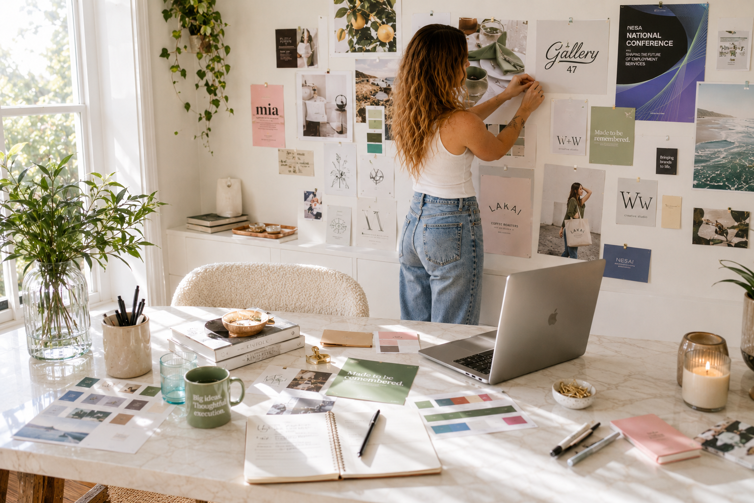 A woman with curly hair standing at a wall covered with various photos, posters, and paper swatches, planning a project or presentation in a well-lit room with a large window, a white table with a laptop, notebooks, and art supplies, and a plant nearby.