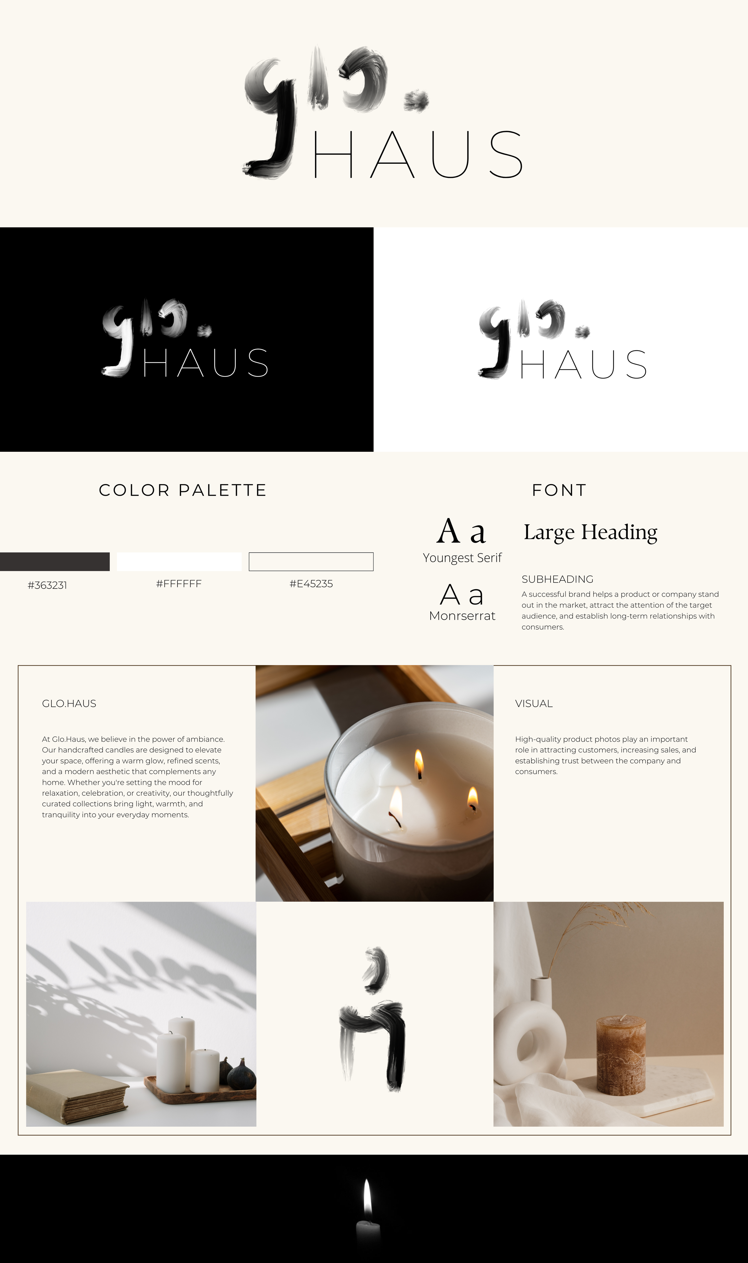 Design presentation for a candle brand showcasing logo variations, color palette, fonts, product photos, and brand philosophy related to ambiance, relaxation, and aesthetic appeal.