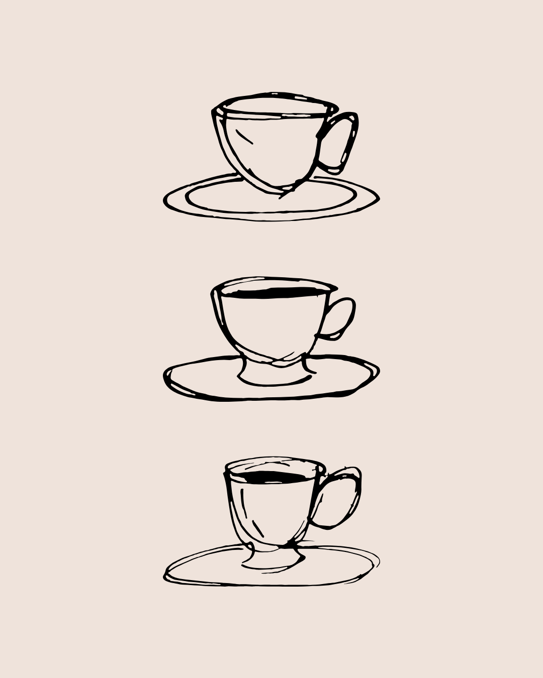 A minimalist sketch of three coffee cups with saucers stacked vertically on a light beige background.